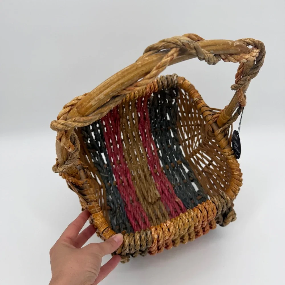 Vintage Multi-Tonal Woven Wicker Basket with Twisted Handle Square Base Rustic